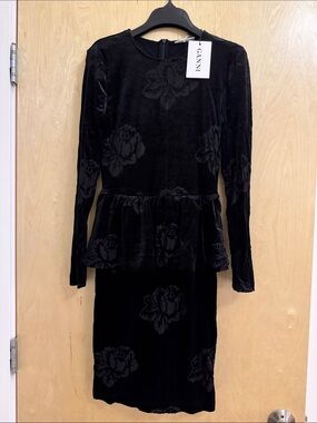 Ganni Black Floral Burnout Velvet Peplum Dress